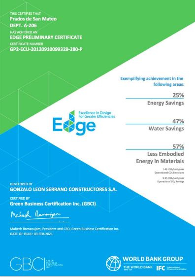 Certificado EDGE de la sostenibilidad para el proyecto Prados de San Mateo